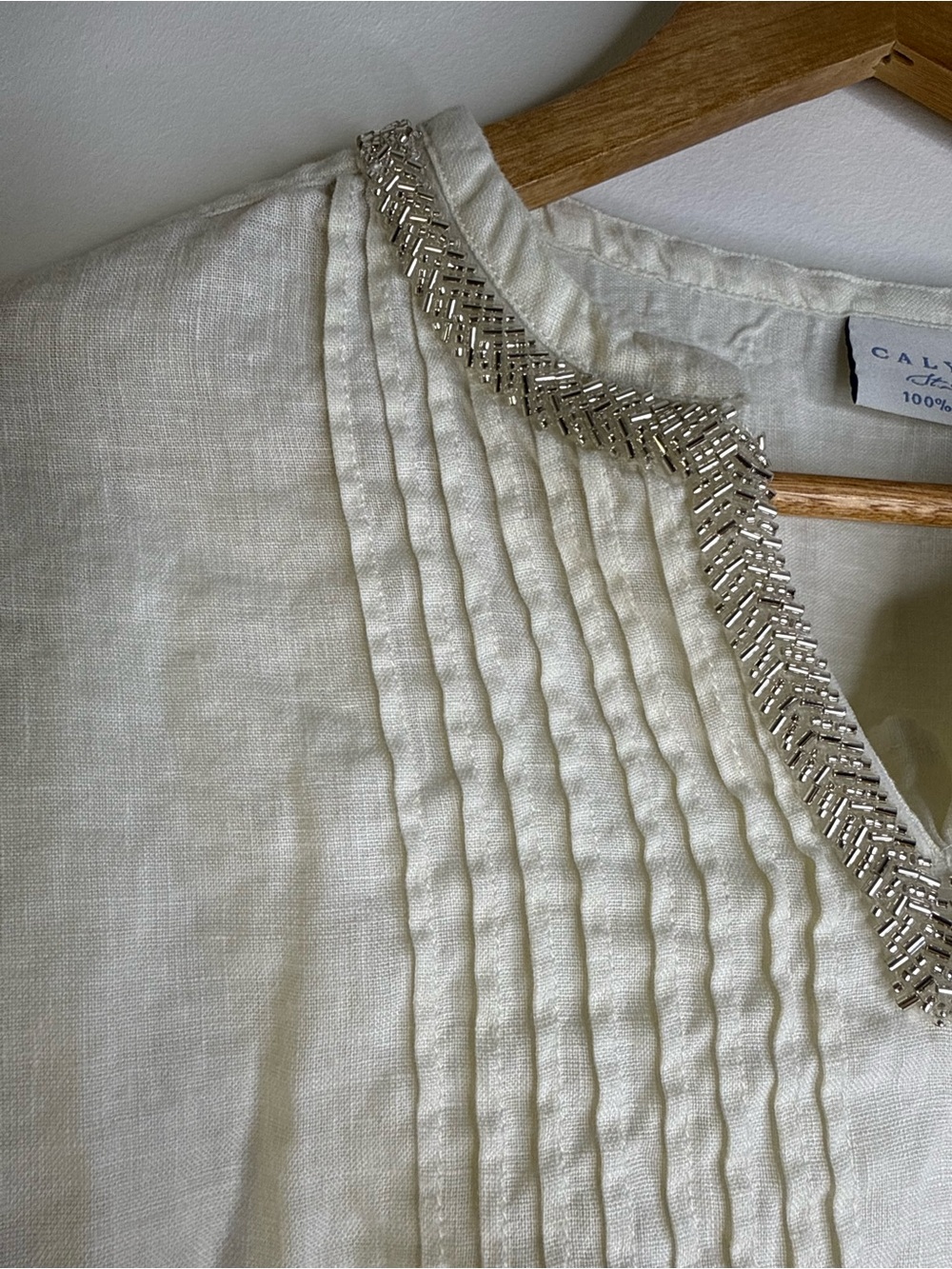 Calypso St. Barth Cream Linen Pintuck Blouse with Silver Beaded Trim